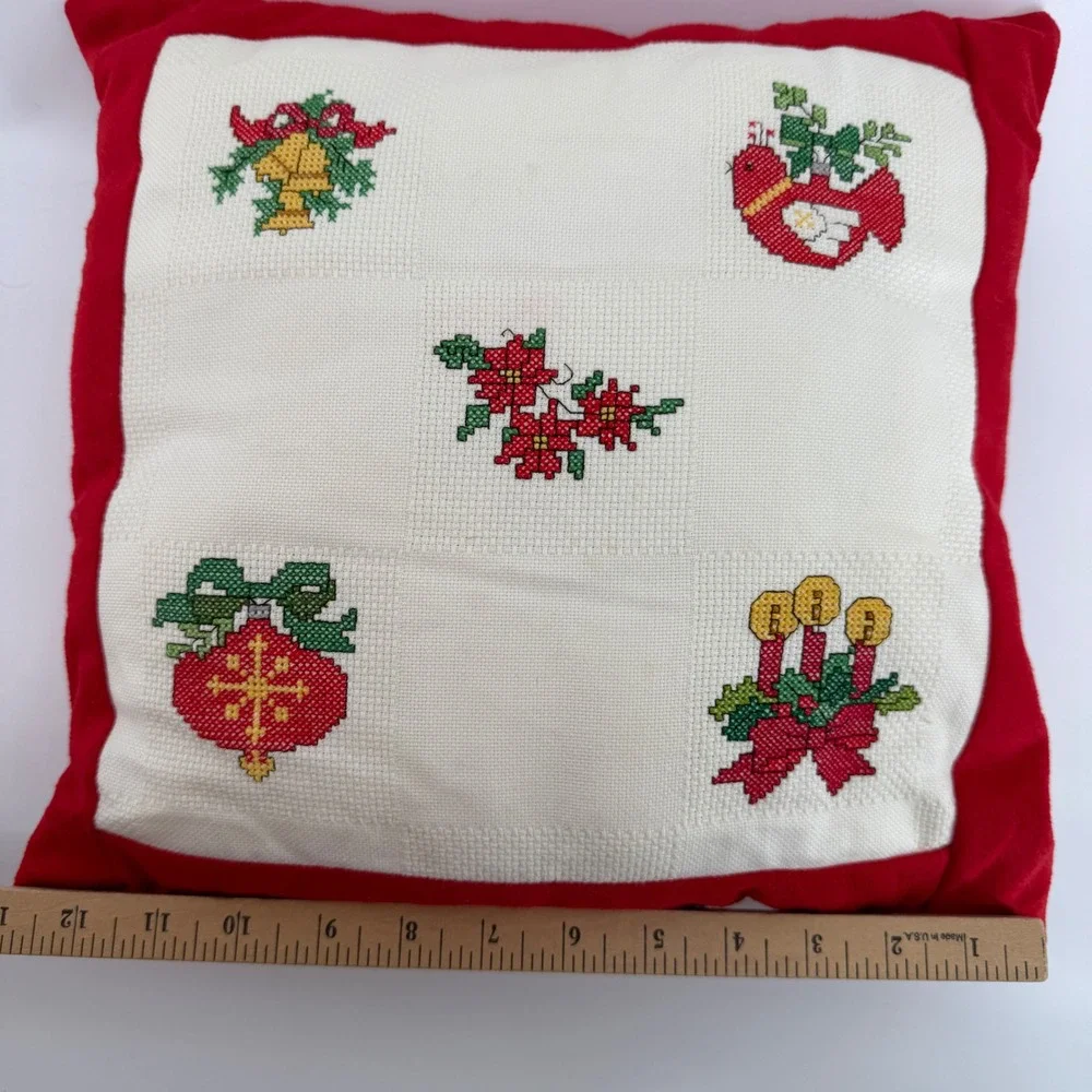 Vintage Christmas Cross Stitch Throw Pillow Red Velvet Holiday Decor 12x12
